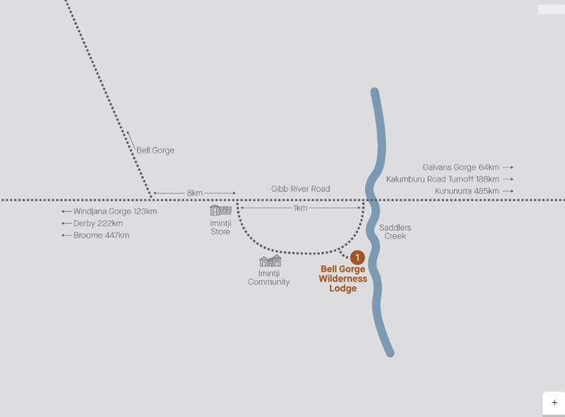 map to APT Bell Gorge Wilderness Safari Camp